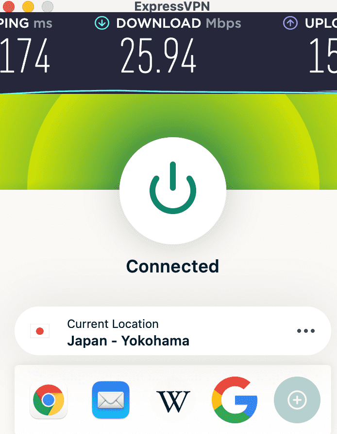 我的基准速度我的速度是28.75 Mbps，我使用快速连接功能连接到日本服务器。而我的速度为25.94 Mbps，即我的速度总体上仅下降了9.77％。