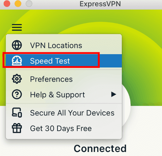 电脑端的macOS和windows系统下，ExpressVPN可以进行速度测试，通过单击应用程序左上角的菜单图标找到它