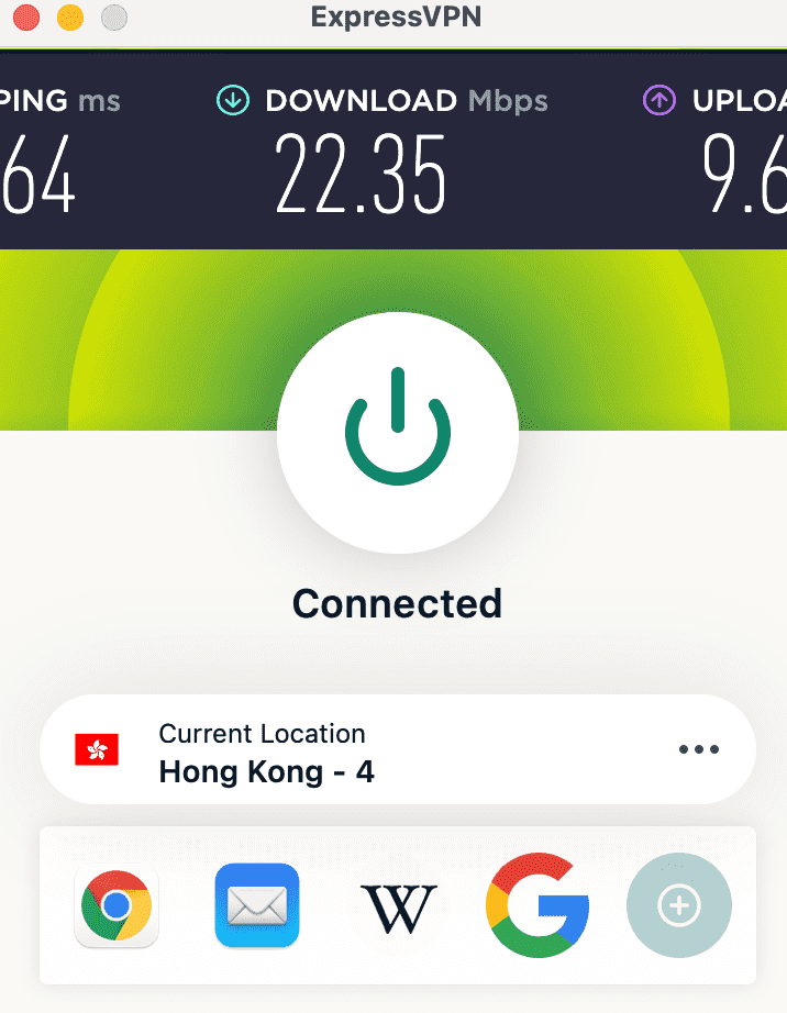 我的基准速度我的速度是28.75 Mbps，我使用快速连接功能连接到离我的位置最近的香港服务器。我的速度只降低22.26％。